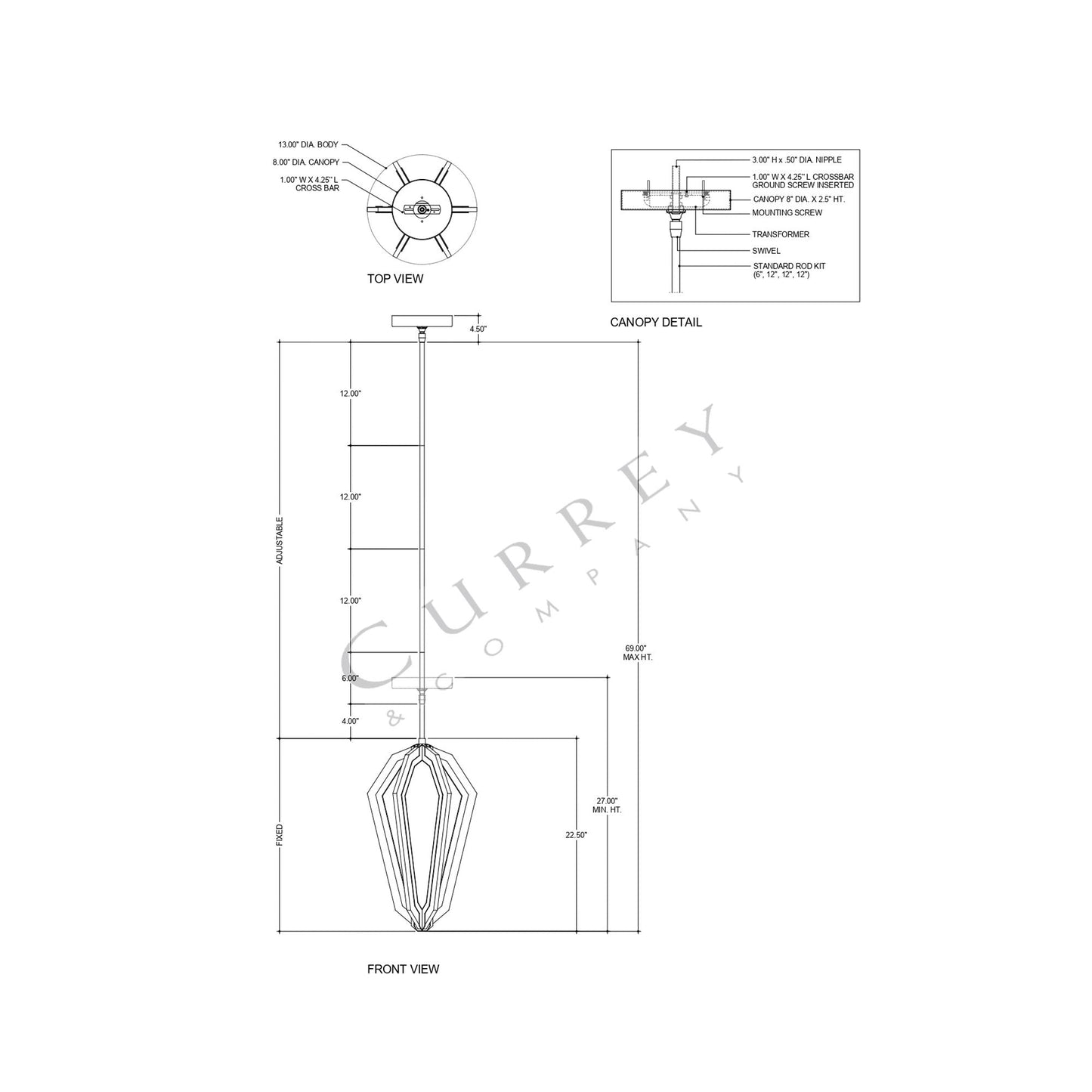 Riviere LED Pendant Light - line drawing.