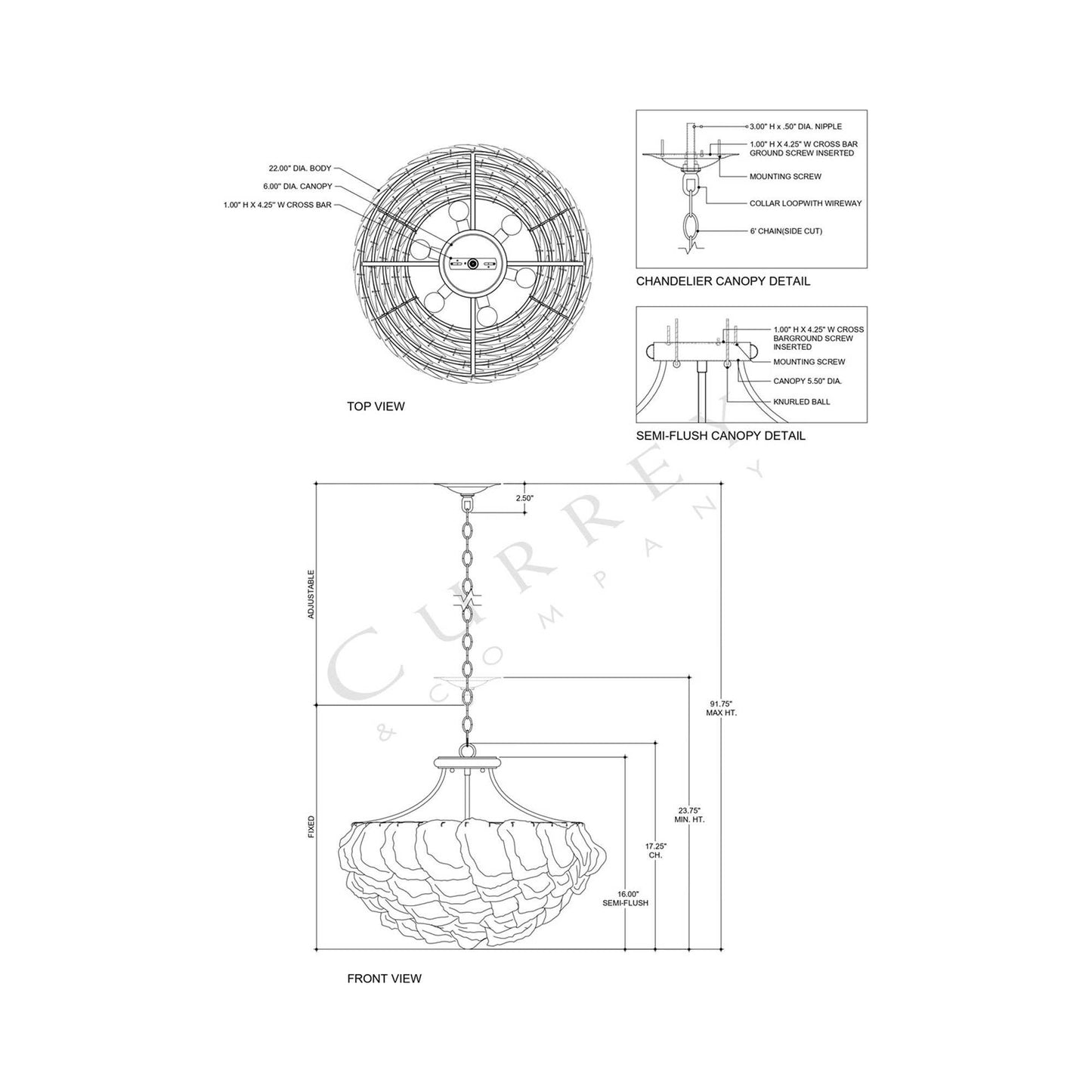 Seahouse Semi Flush Mount Ceiling Light - line drawing.