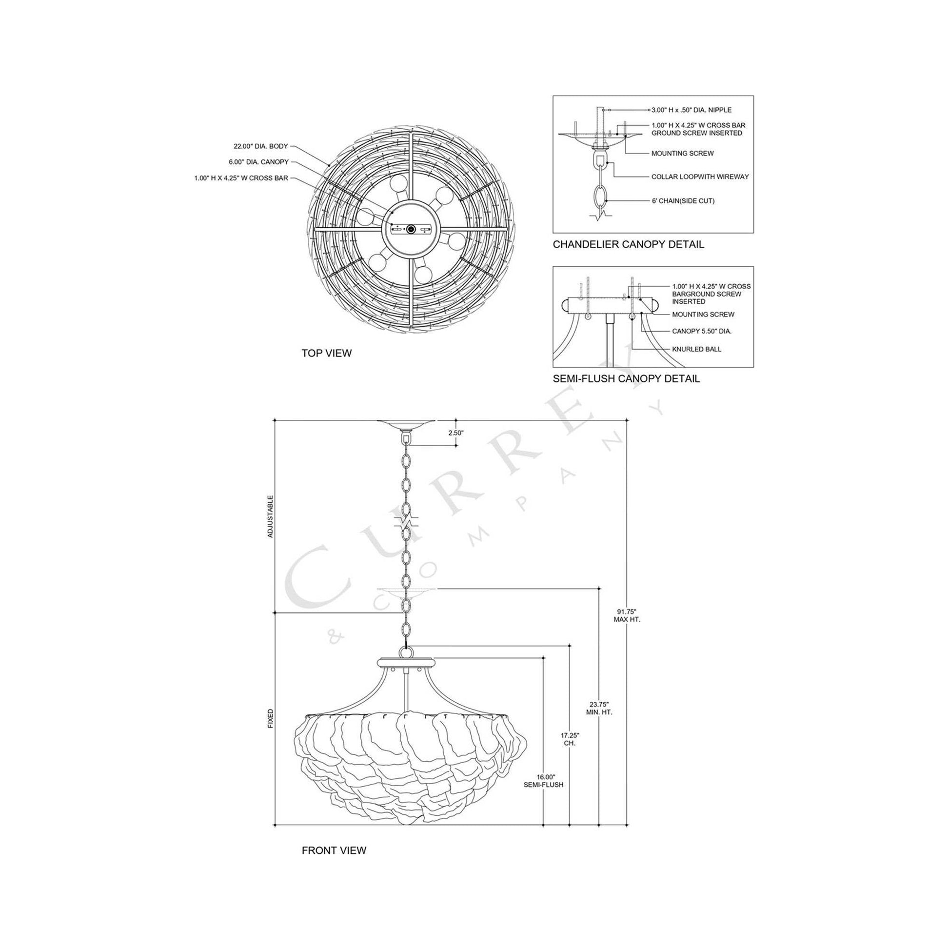 Seahouse Semi Flush Mount Ceiling Light - line drawing.