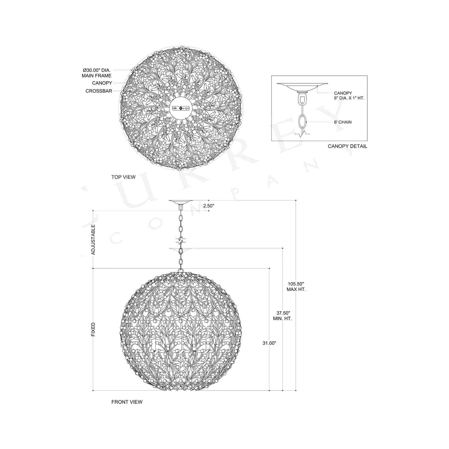 Secret Garden Orb Chandelier - line drawing.