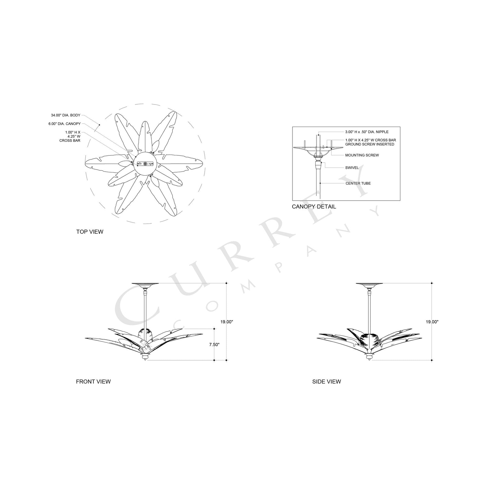 Tropical Semi Flush Mount Ceiling Light - line drawing.