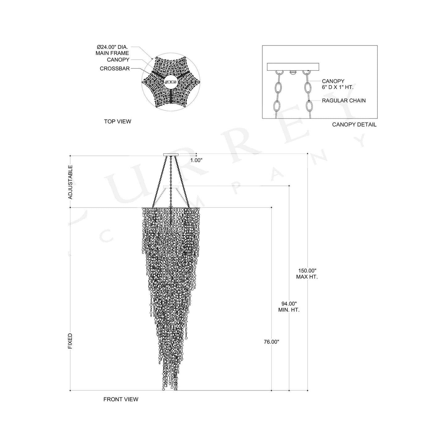 Verre de Mer Multi Light Chandelier - line drawing.