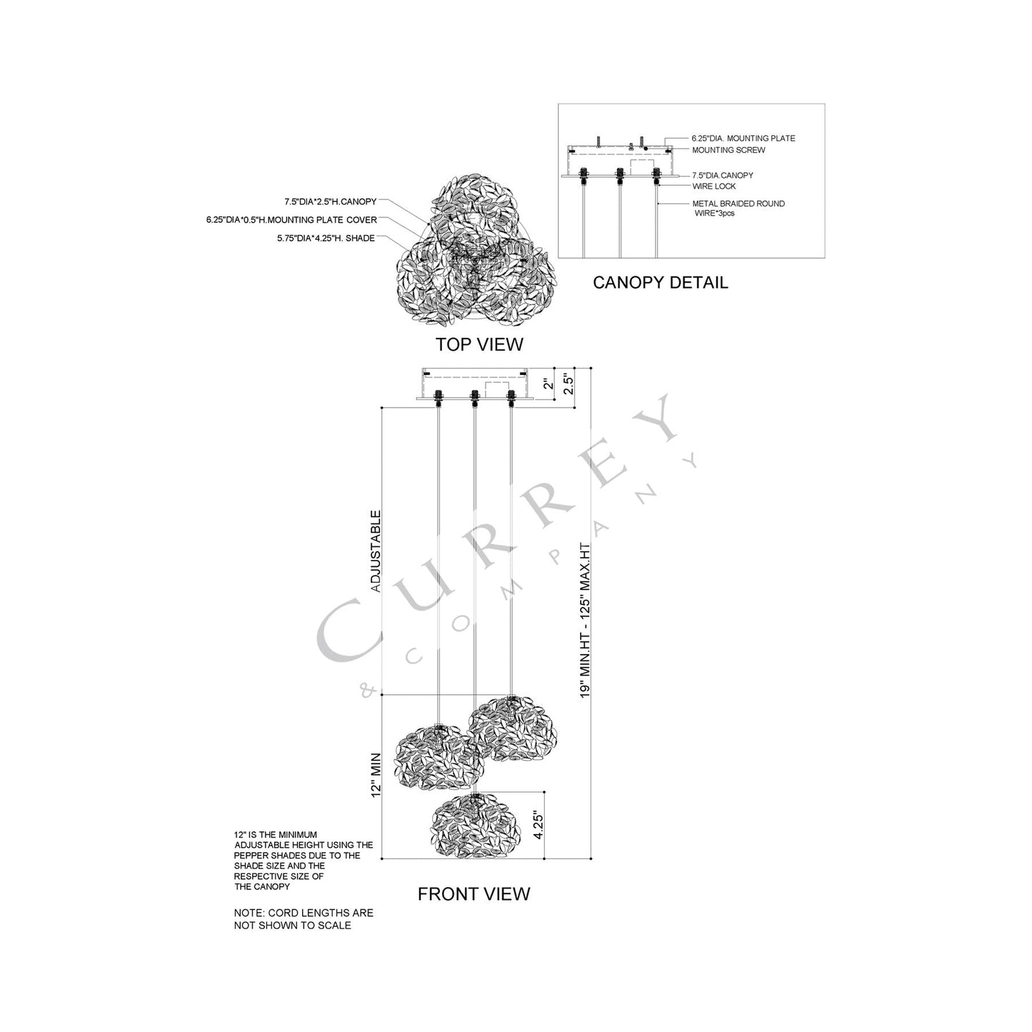 Virtu Round Multi Light Pendant Light - line drawing.