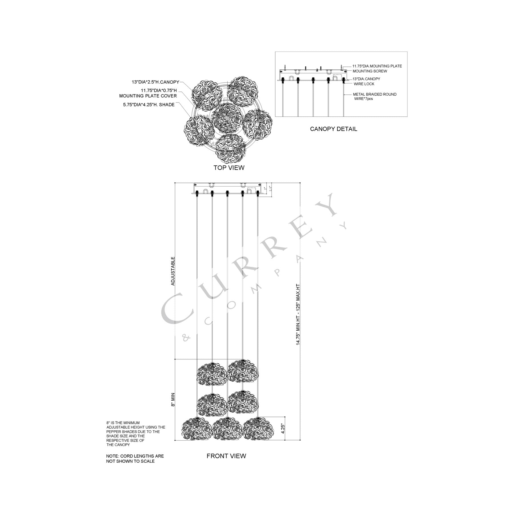 Virtu Round Multi Light Pendant Light - line drawing.