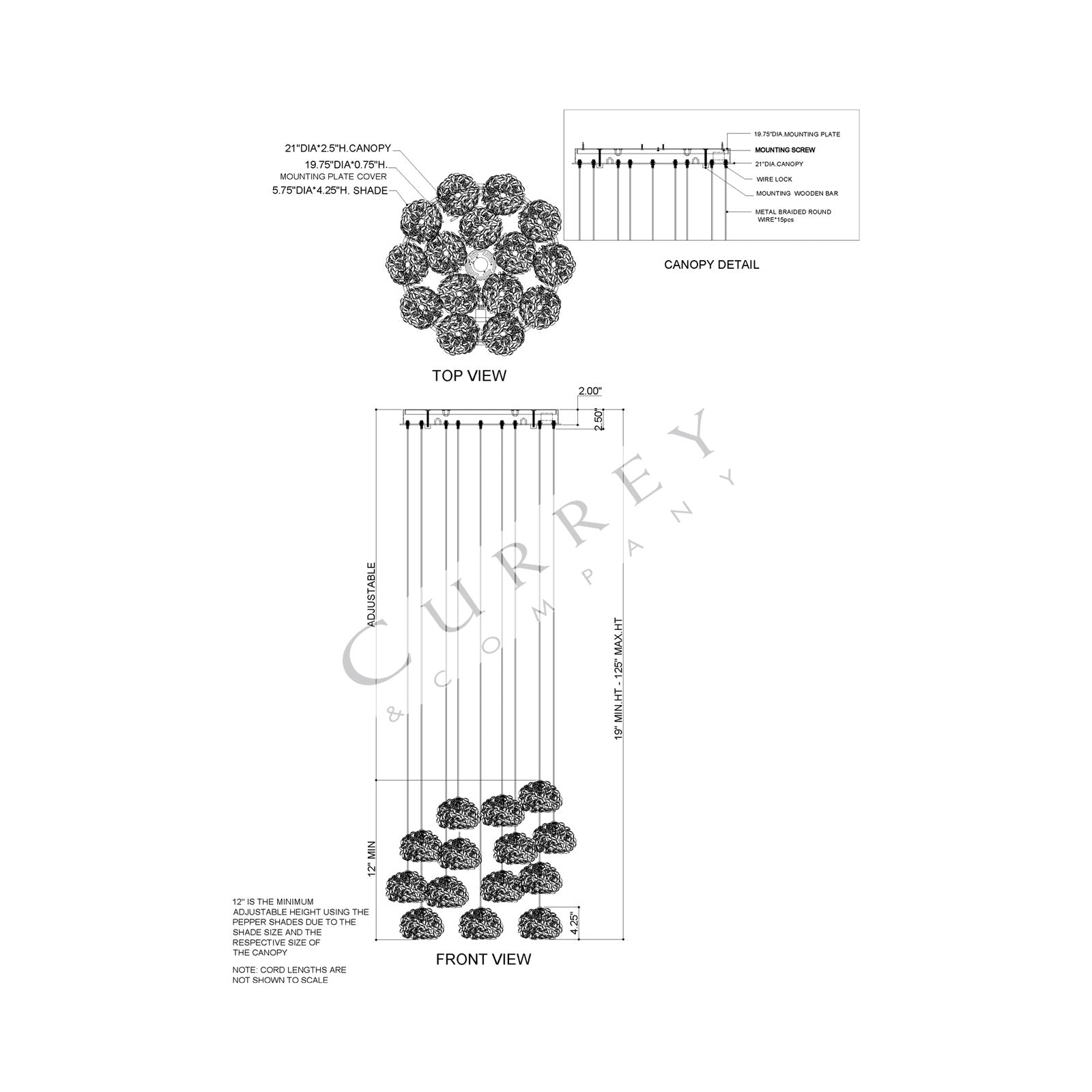 Virtu Round Multi Light Pendant Light - line drawing.