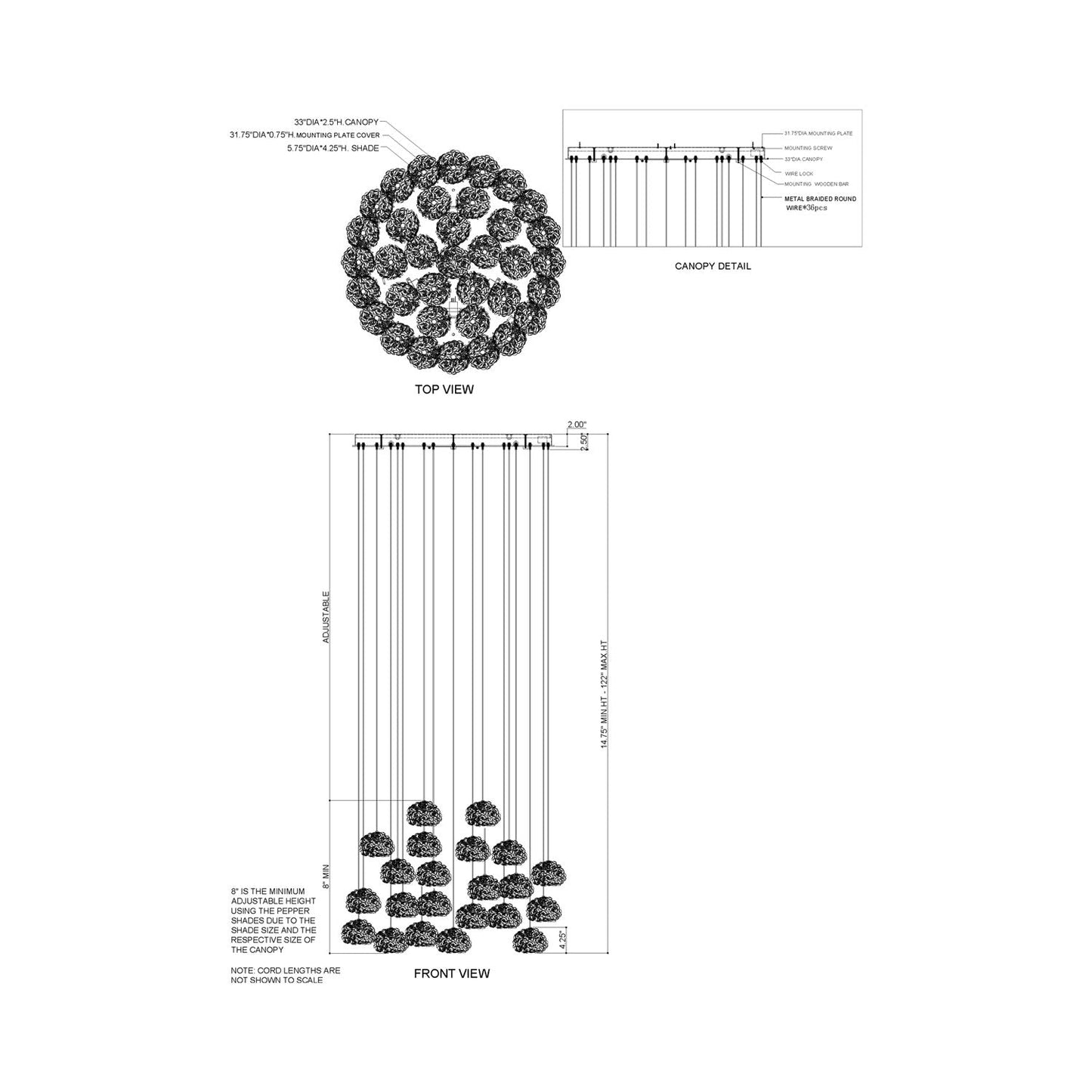Virtu Round Multi Light Pendant Light - line drawing.