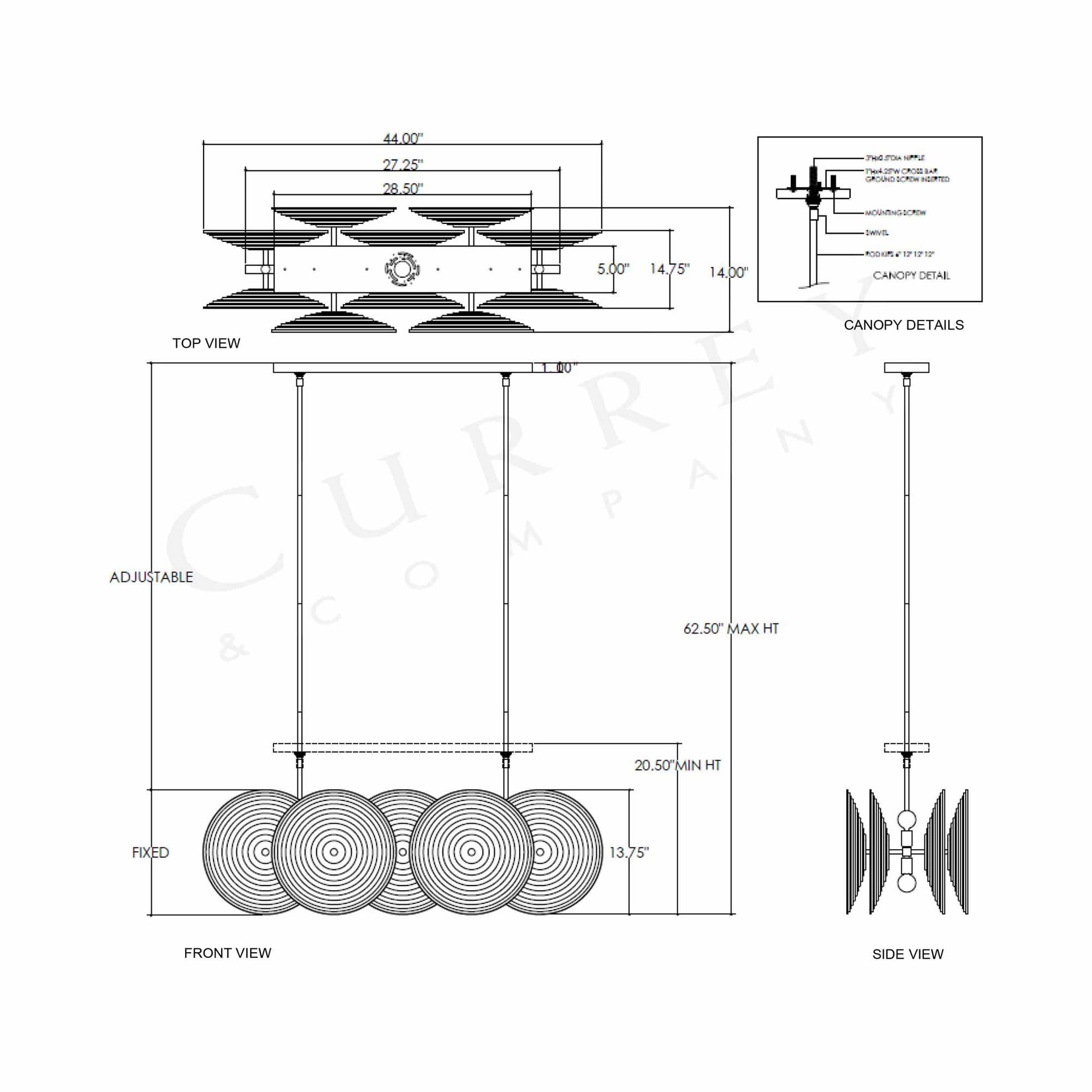 Whirlwind Linear Chandelier - line drawing.