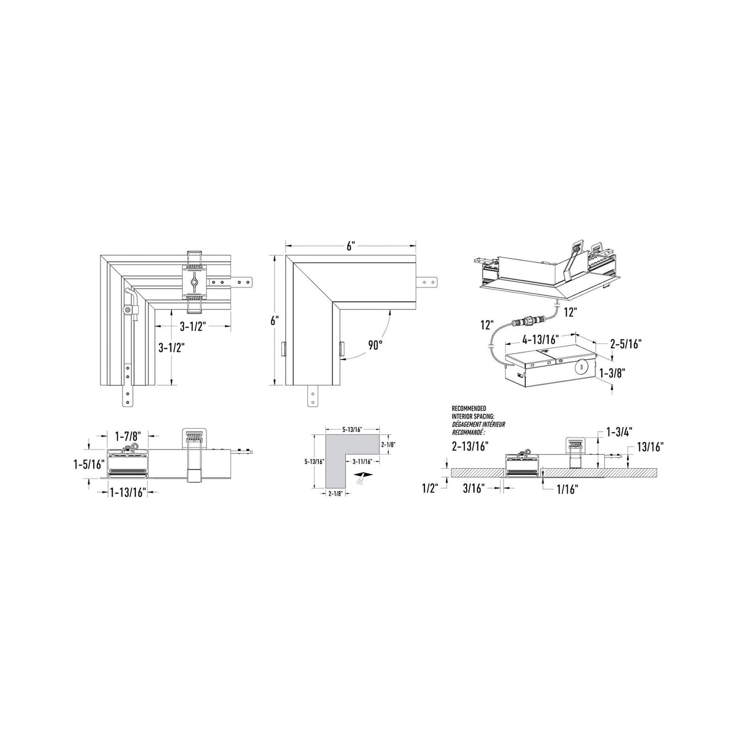 Boulevard 90-Degree LED Recessed Corner - line drawing.