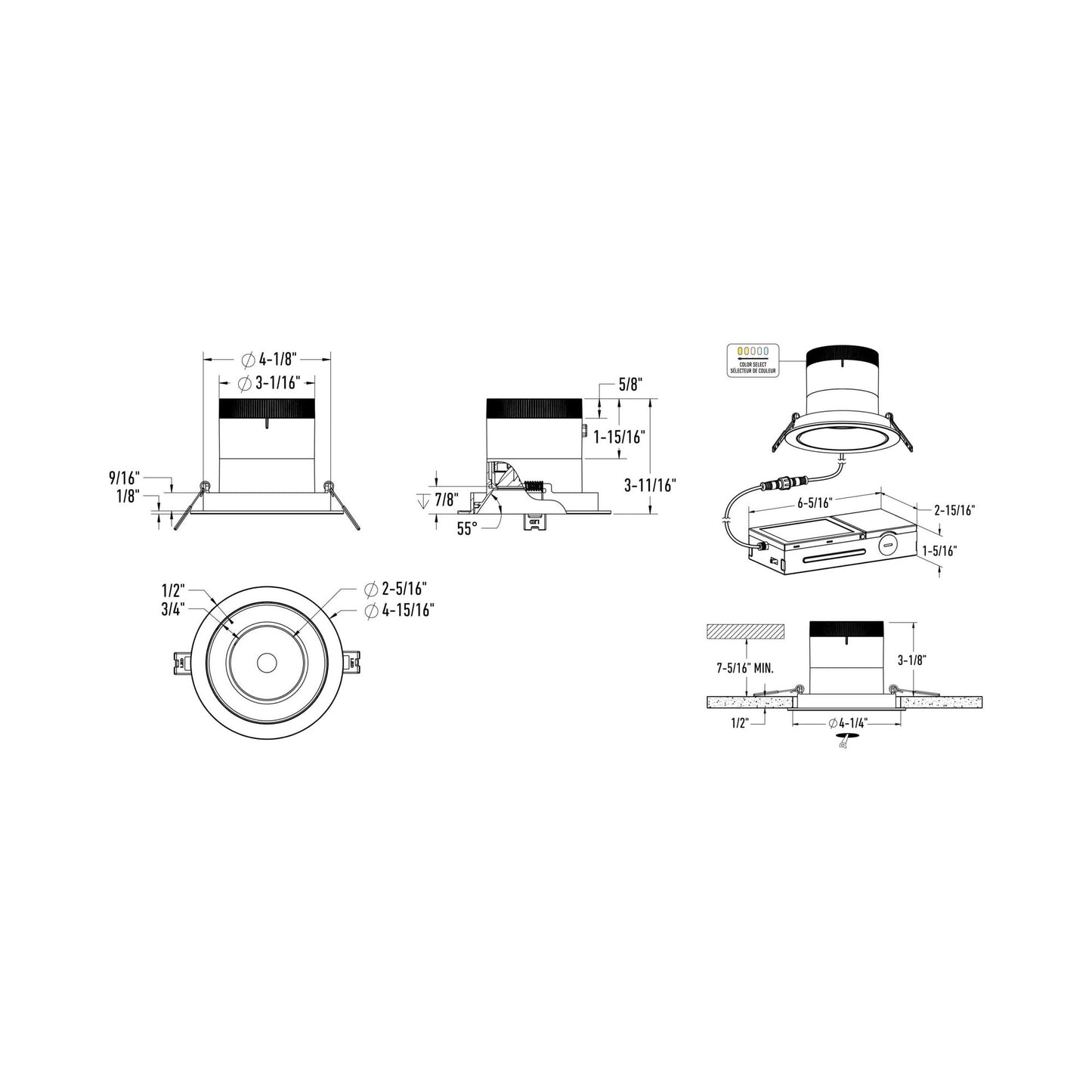 Moda Black 4-Inch LED Recessed Downlight - line drawing.