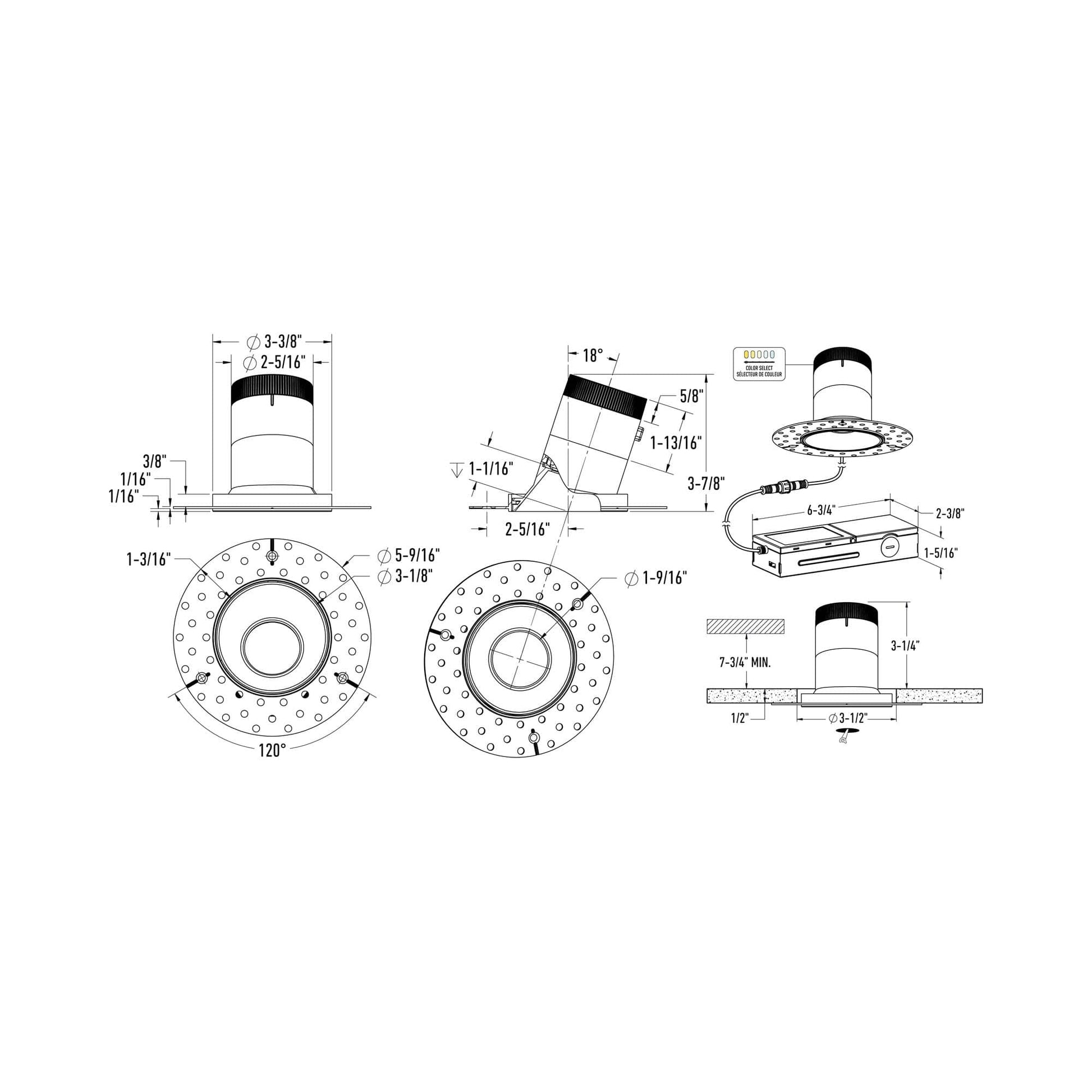 Moda Trimless 3-Inch LED Recessed Downlight - line drawing.