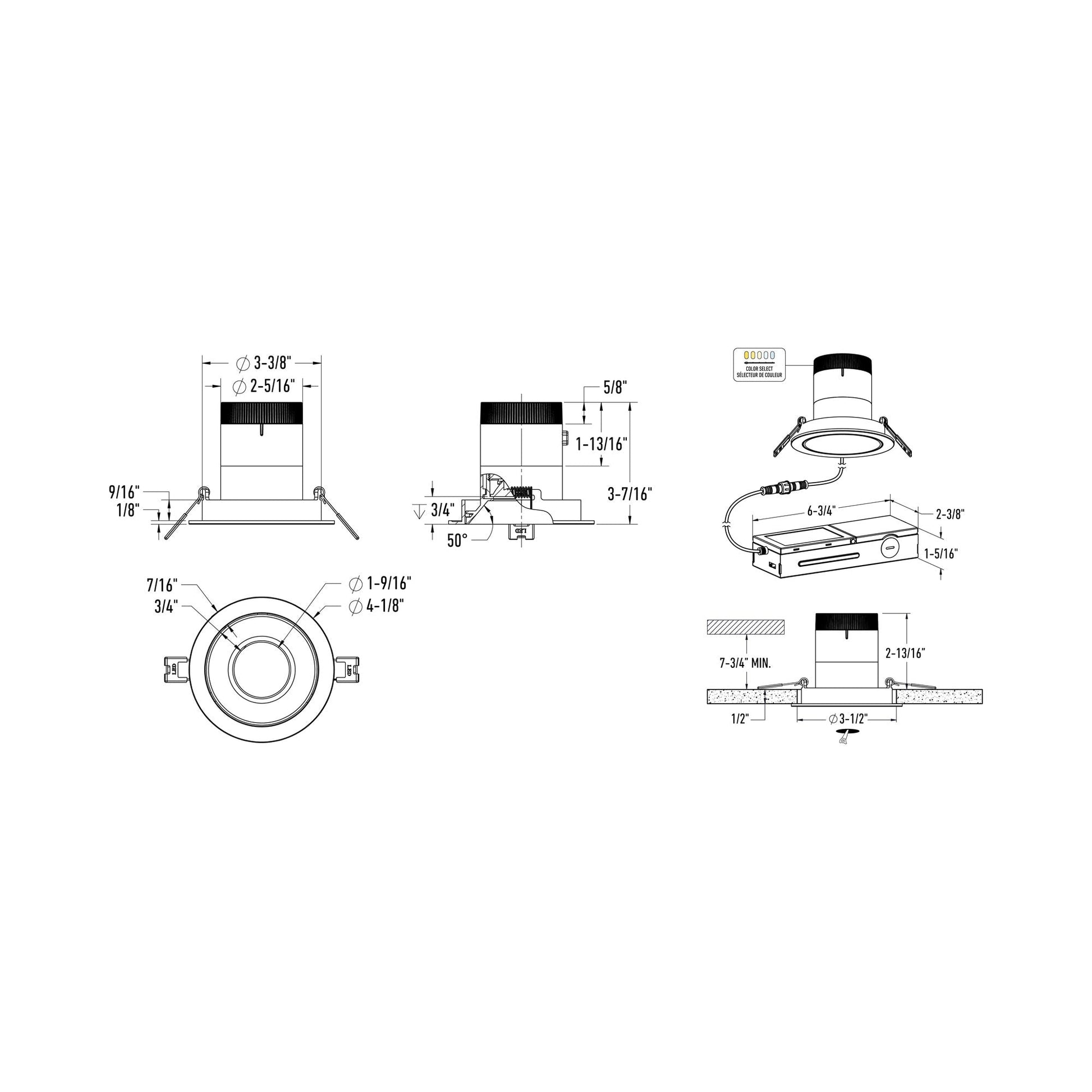 Moda White 3-Inch LED Recessed Downlight - line drawing.