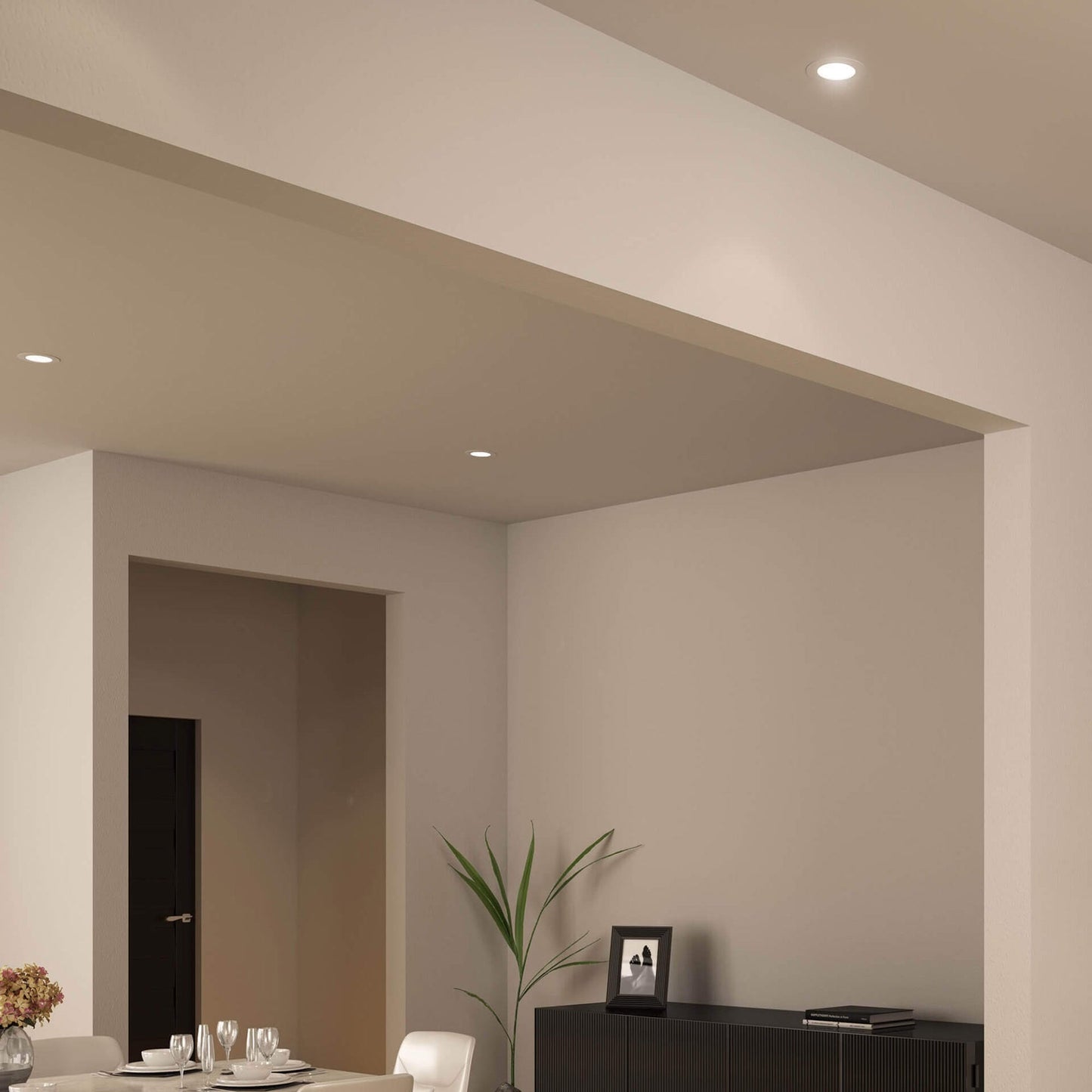 Mystique Round LED Recessed Panel Light in dining room.