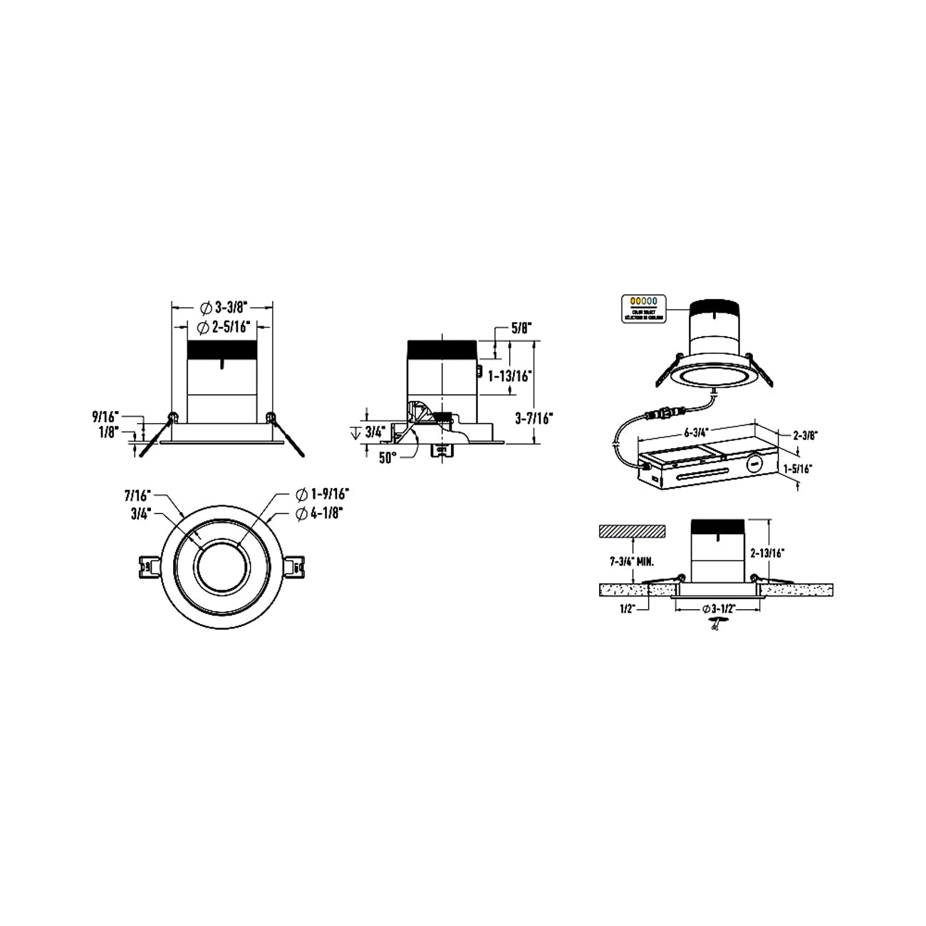 Versa White 3-Inch LED Recessed Downlight - line drawing.