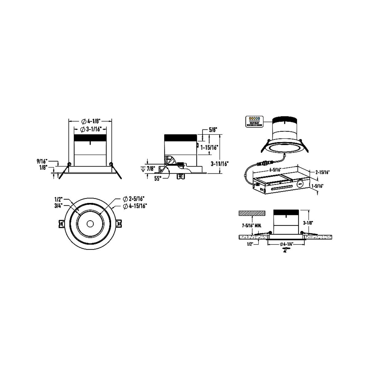 Versa White 4-Inch LED Recessed Downlight - line drawing.
