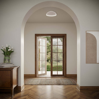 Pyra LED Flush Mount Ceiling Light in hall way.