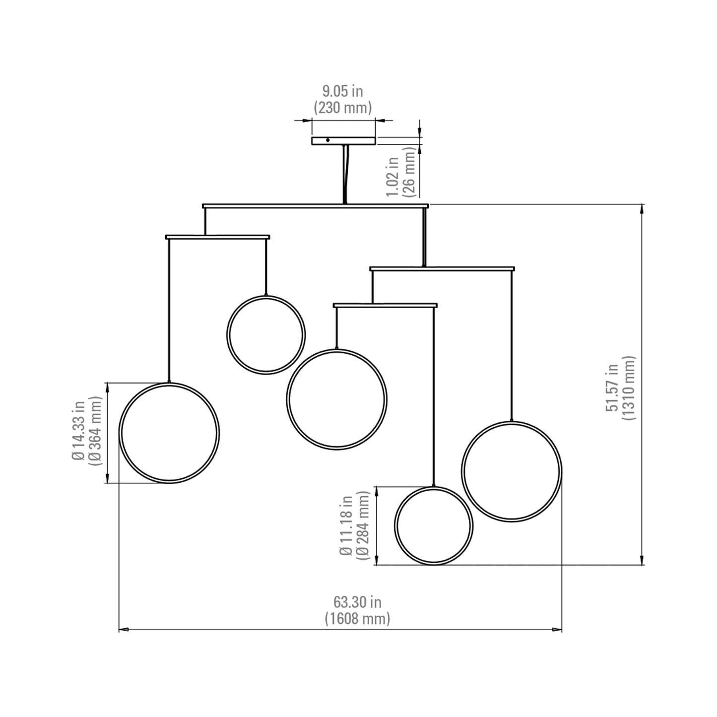Focus LED Chandelier - line drawing.