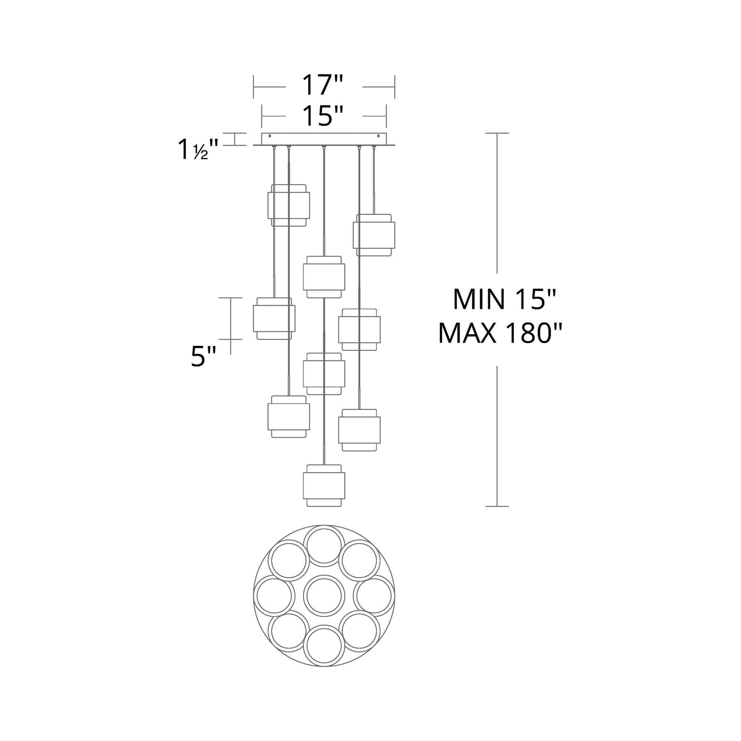 Banded Round LED Pendant Light - line drawing.