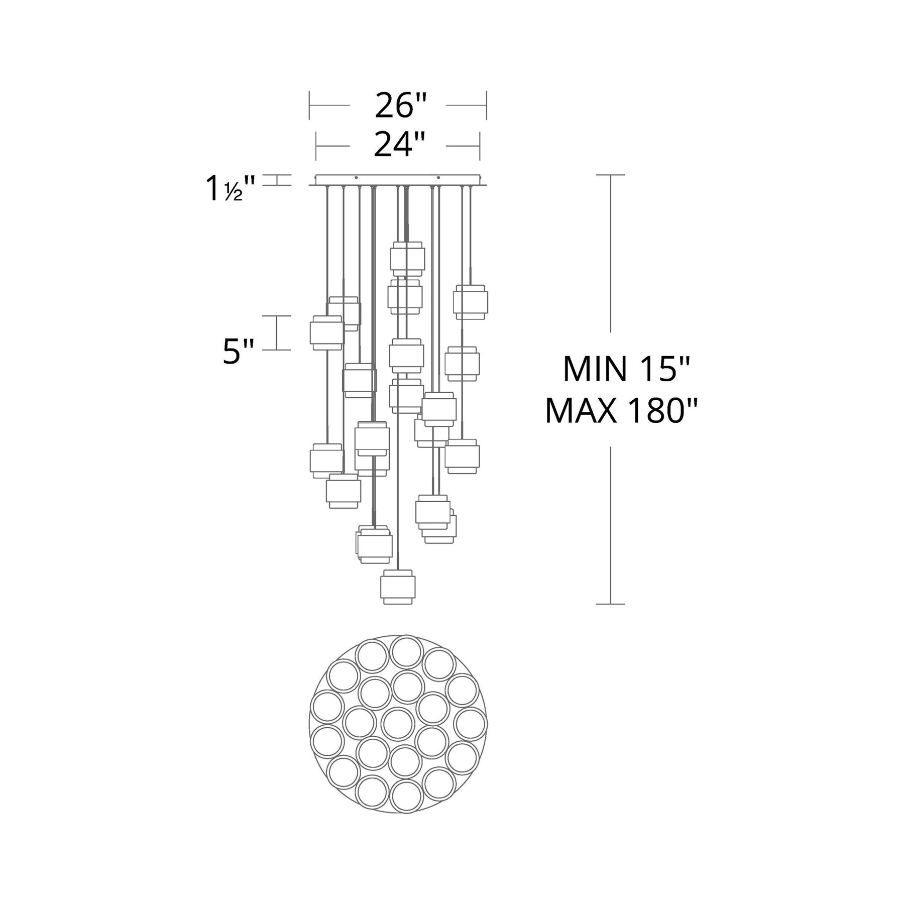 Banded Round LED Pendant Light - line drawing.