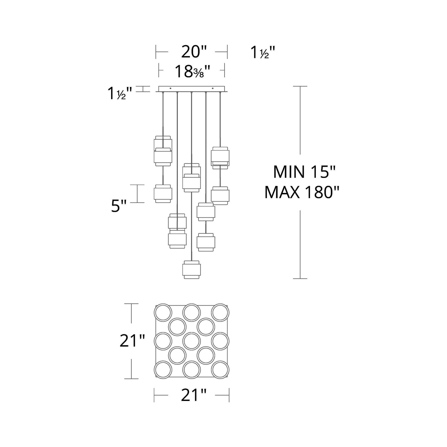 Banded Square LED Pendant Light - line drawing.