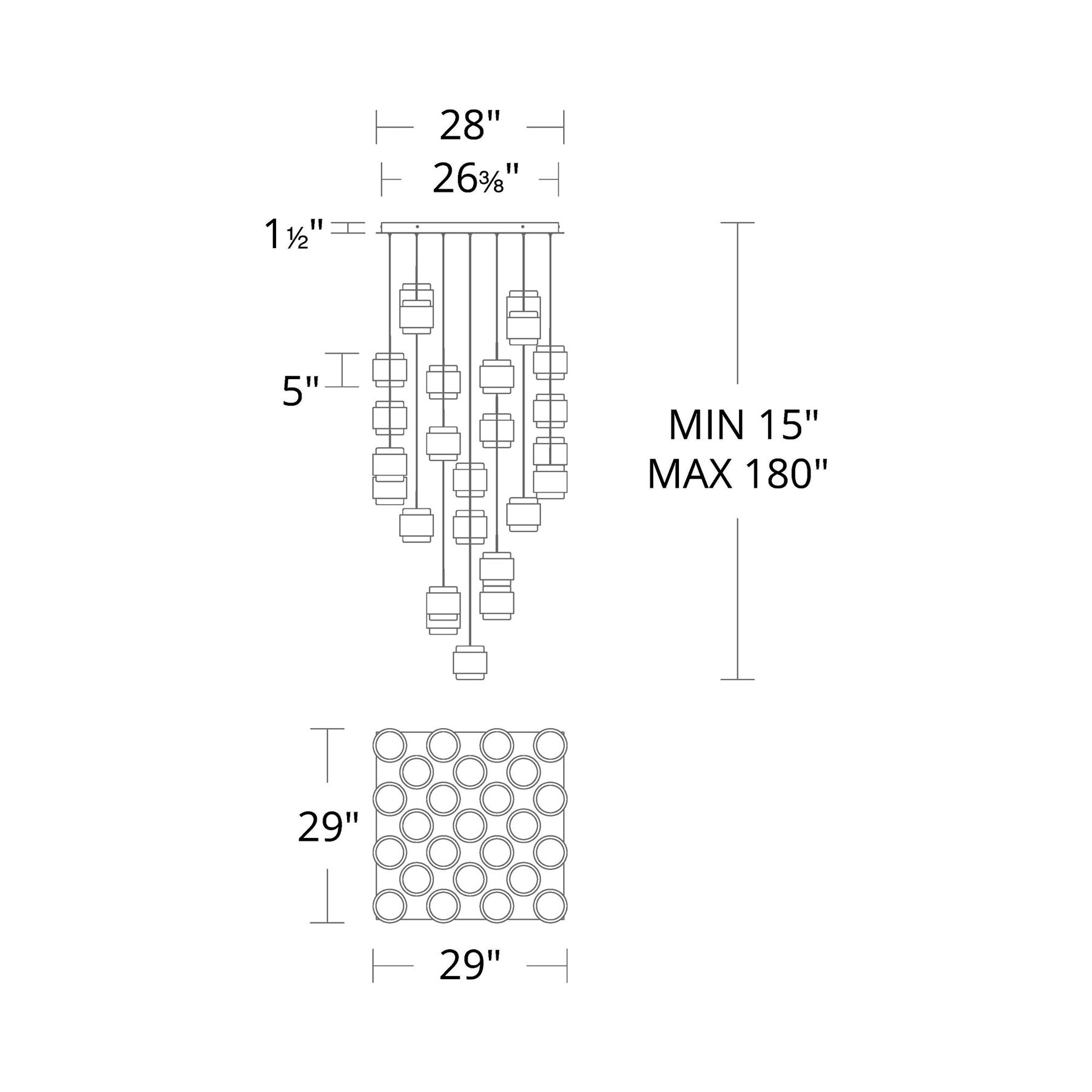 Banded Square LED Pendant Light - line drawing.