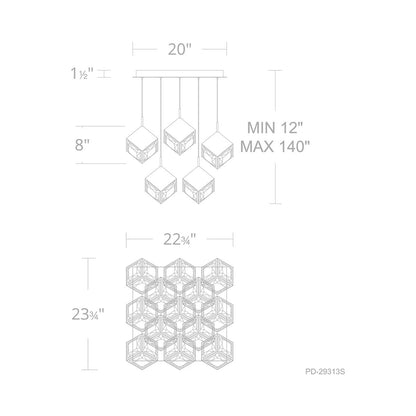 Ice Cube Square LED Multi Pendant Light - line drawing.