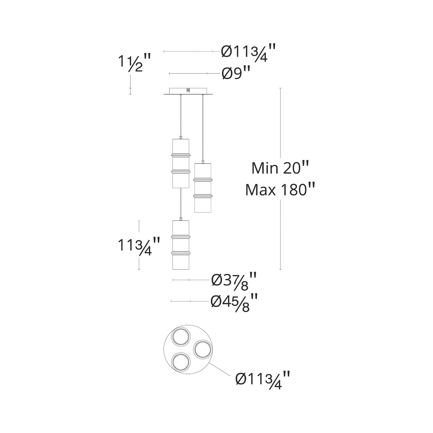 Kanister Multi Light LED Chandelier - line drawing.