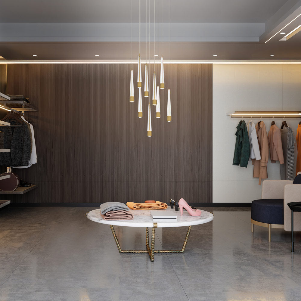 Quill Round LED Multi Pendant Light in changing room.