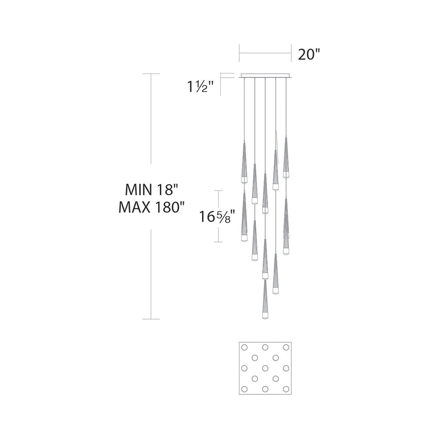 Quill Square LED Multi Pendant Light - line drawing.