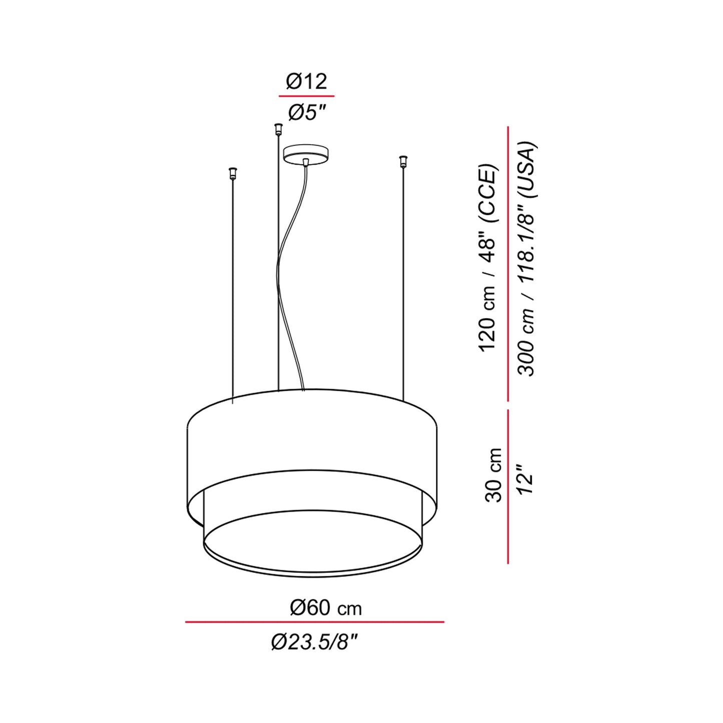 Aros Double Pendant Light - line drawing.