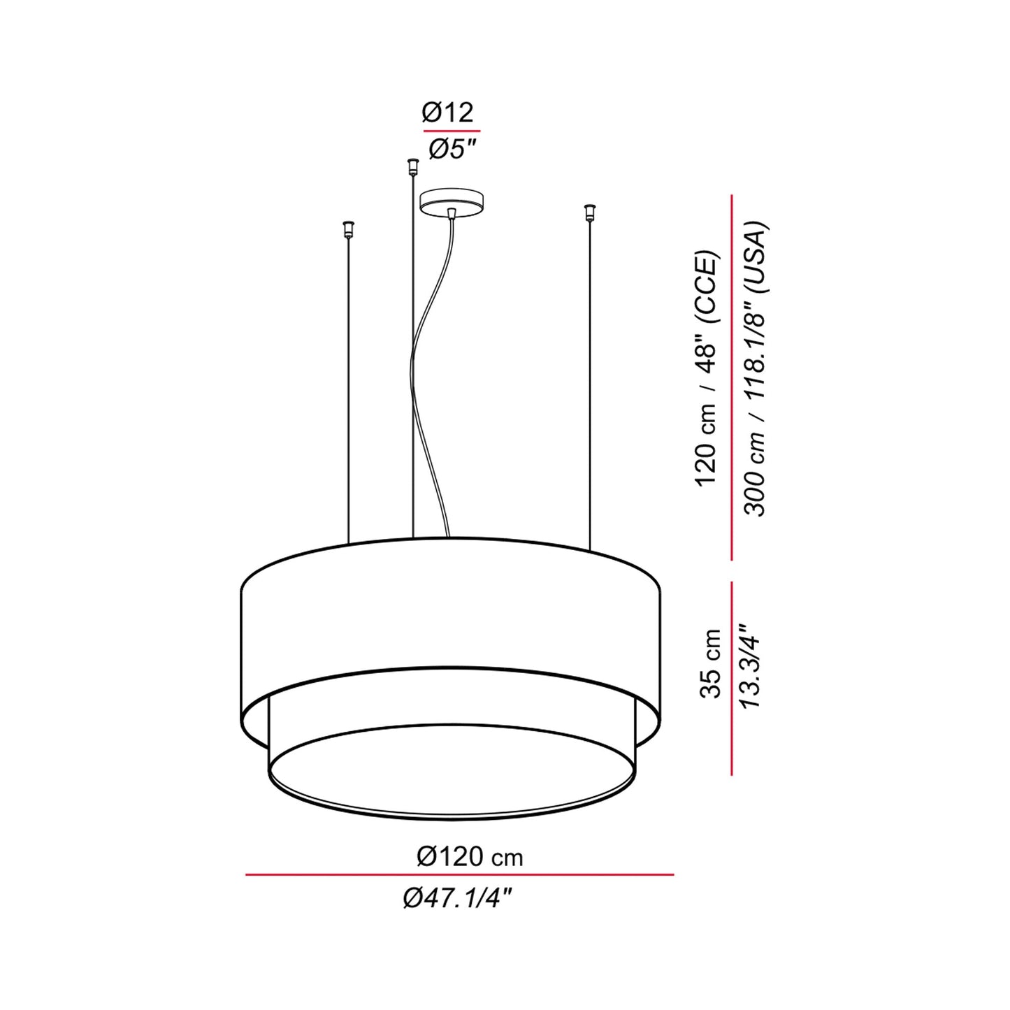 Aros Double Pendant Light - line drawing.