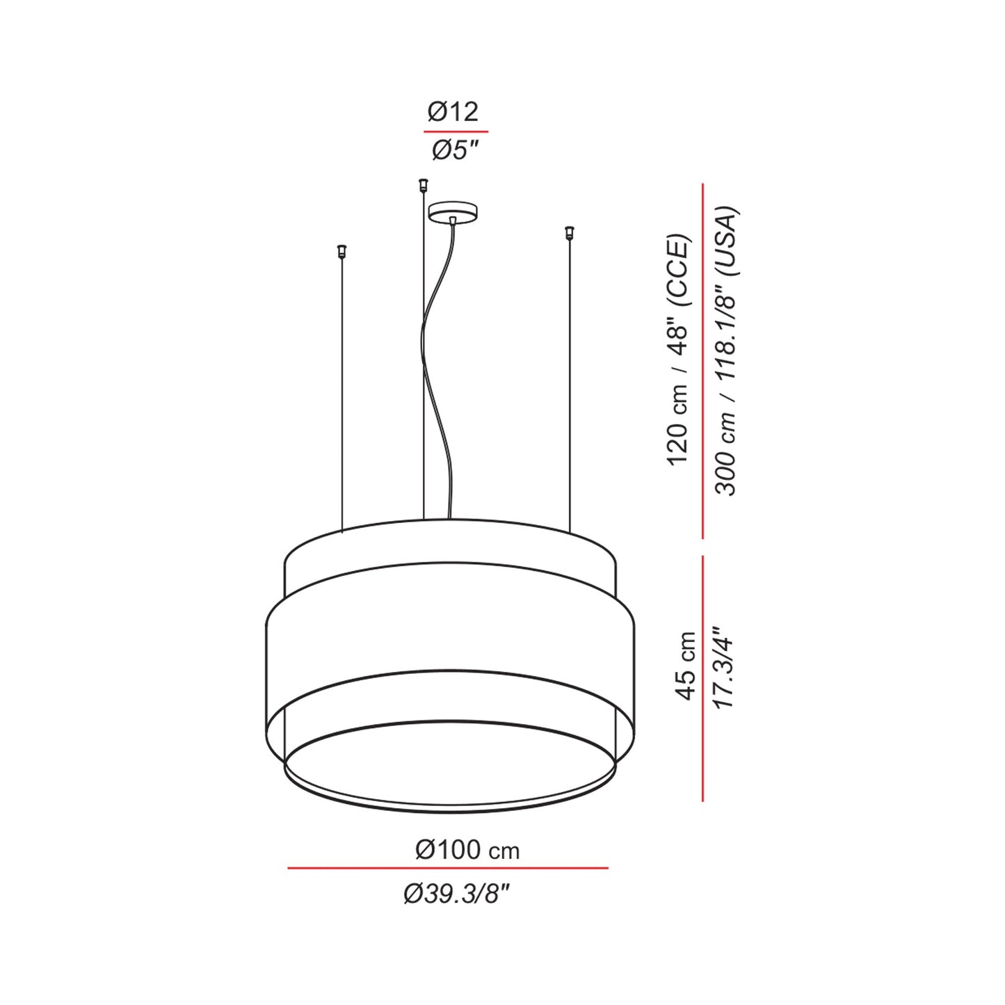Aros Triple Pendant Light - line drawing.