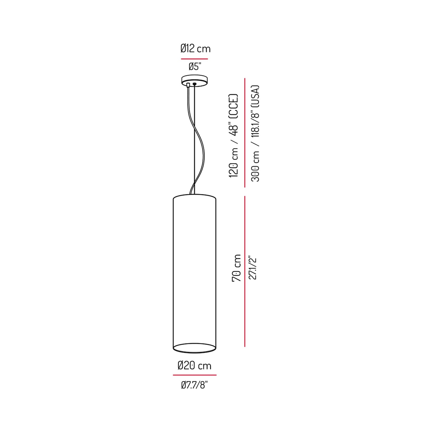 Tubs Long Pendant Light - line drawing.
