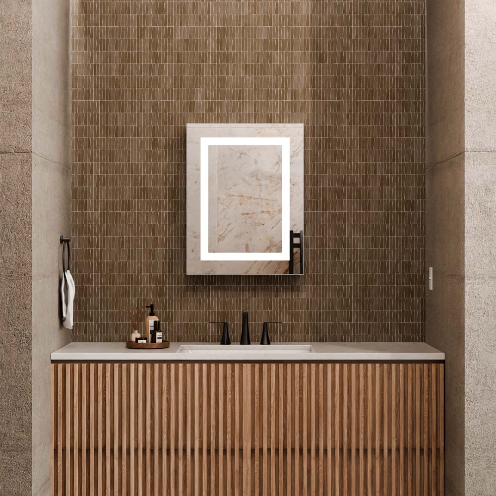 Ambiance LED Mirrored Cabinet in bathroom.