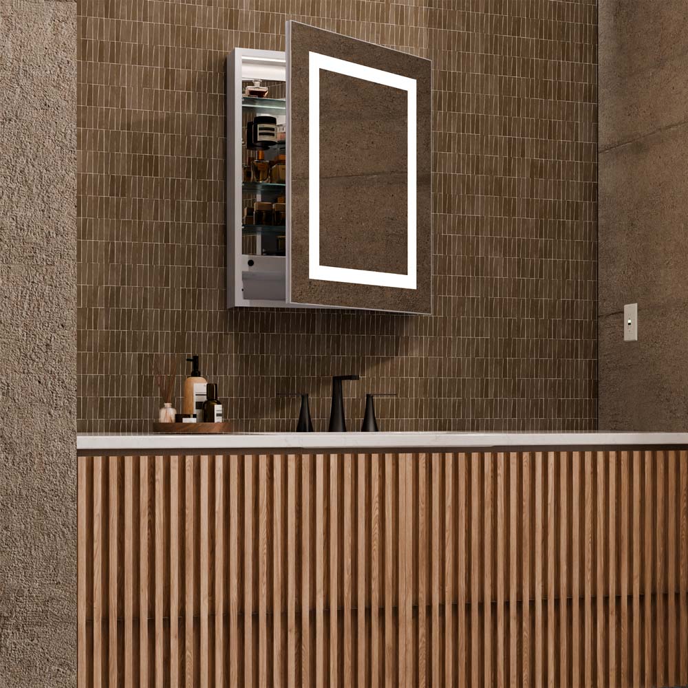 Ambiance LED Mirrored Cabinet in bathroom.