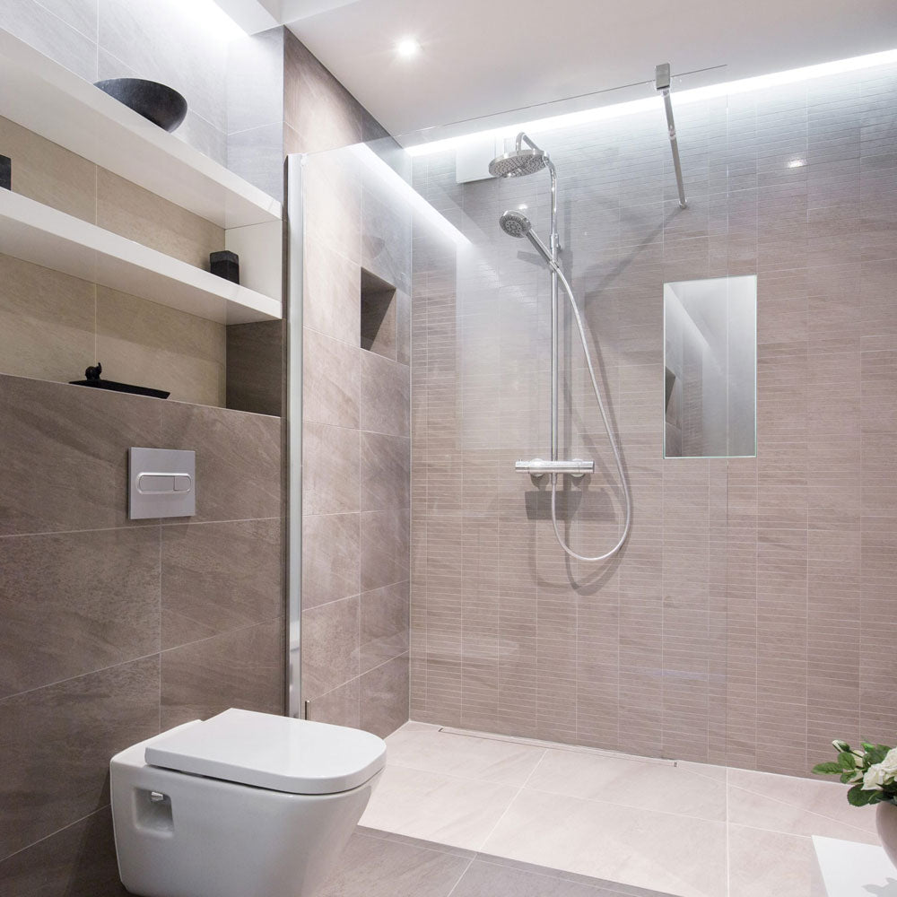 Aqua LED Fog Free Mirror in bathroom.