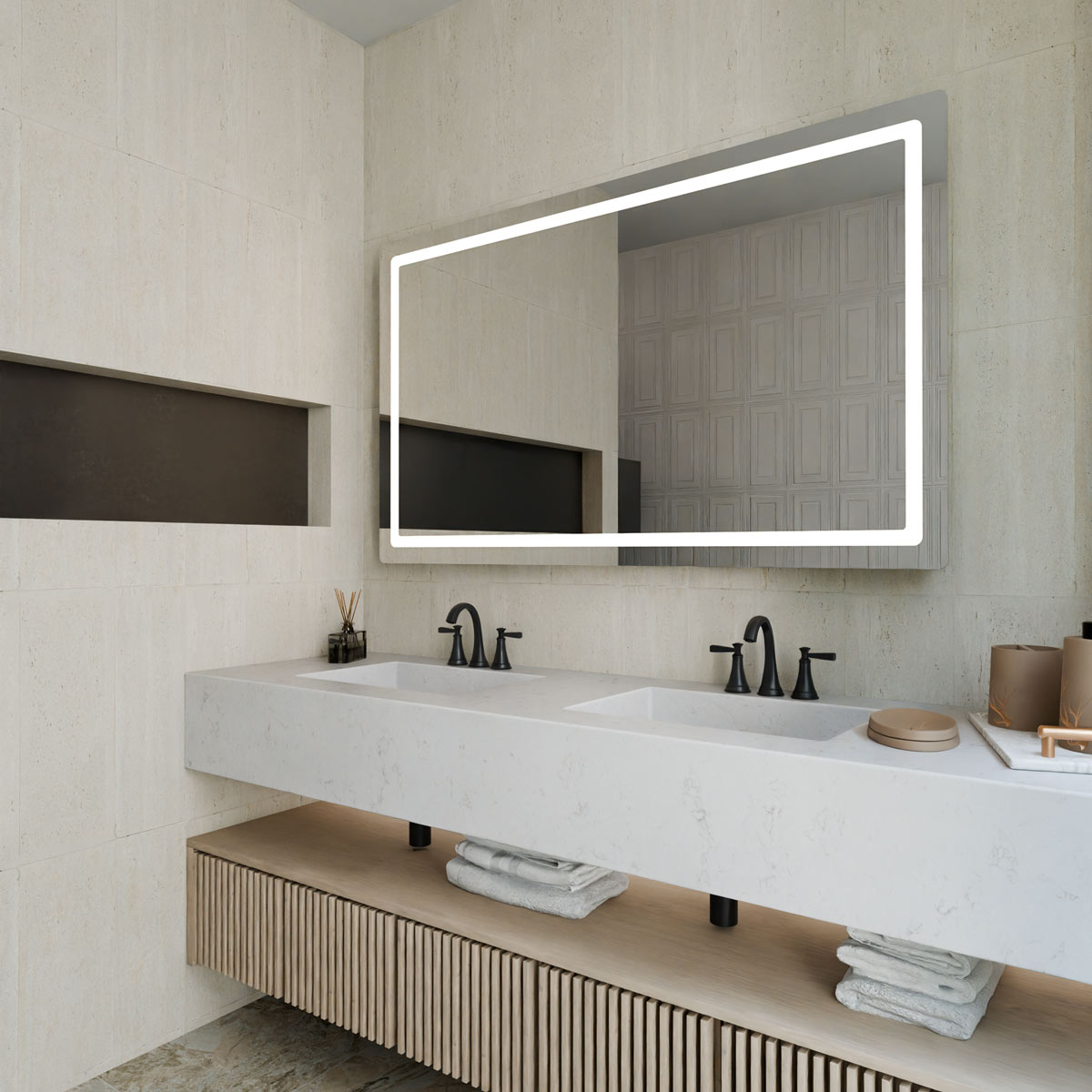 Aria LED Lighted Mirror in bathroom.