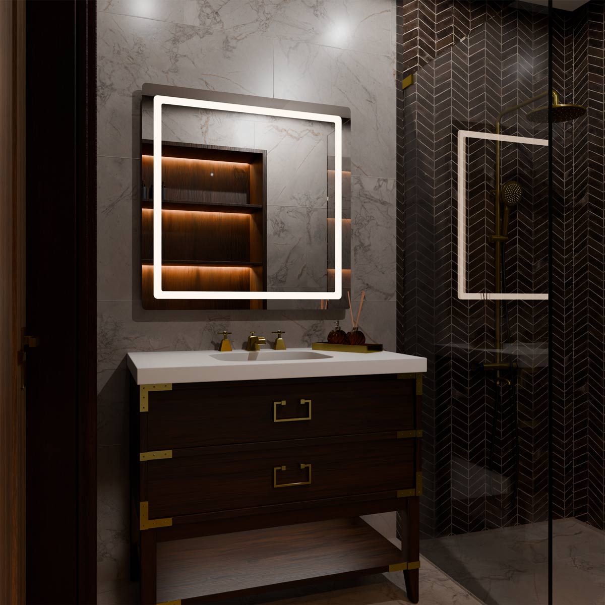 Aria LED Lighted Mirror in bathroom.