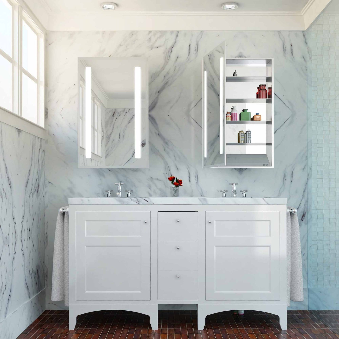 Ascension LED Mirrored Cabinet in bathroom.