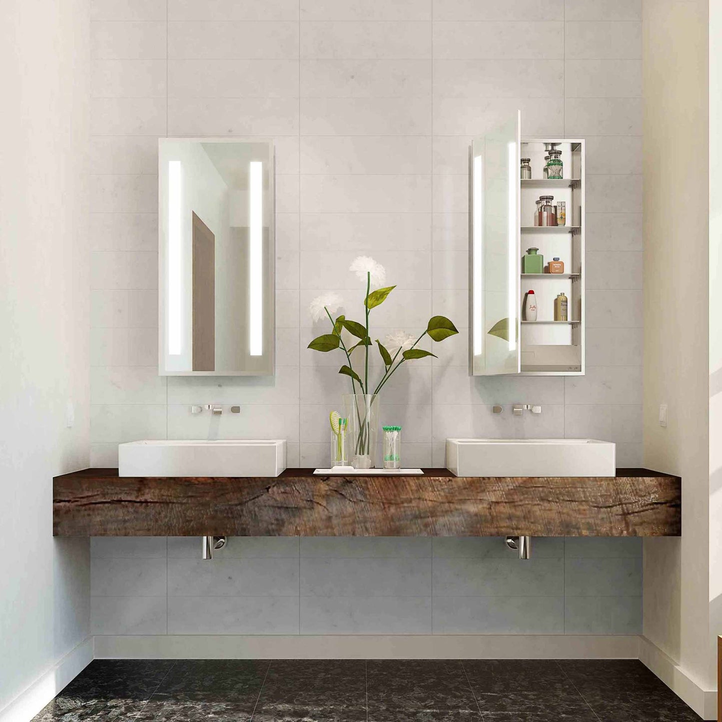 Ascension LED Mirrored Cabinet in bathroom.