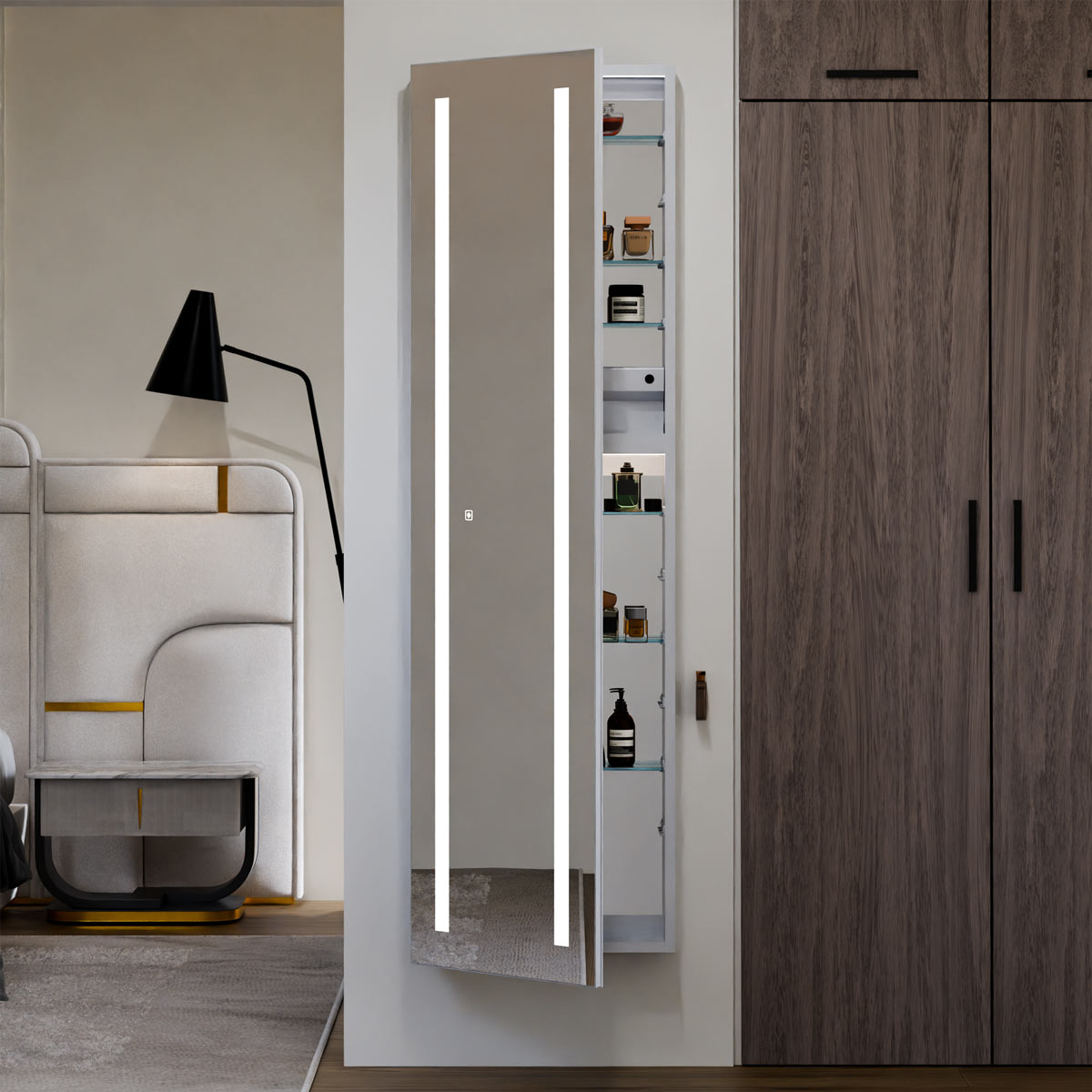 Ascension LED Wardrobe Mirror in bedroom.