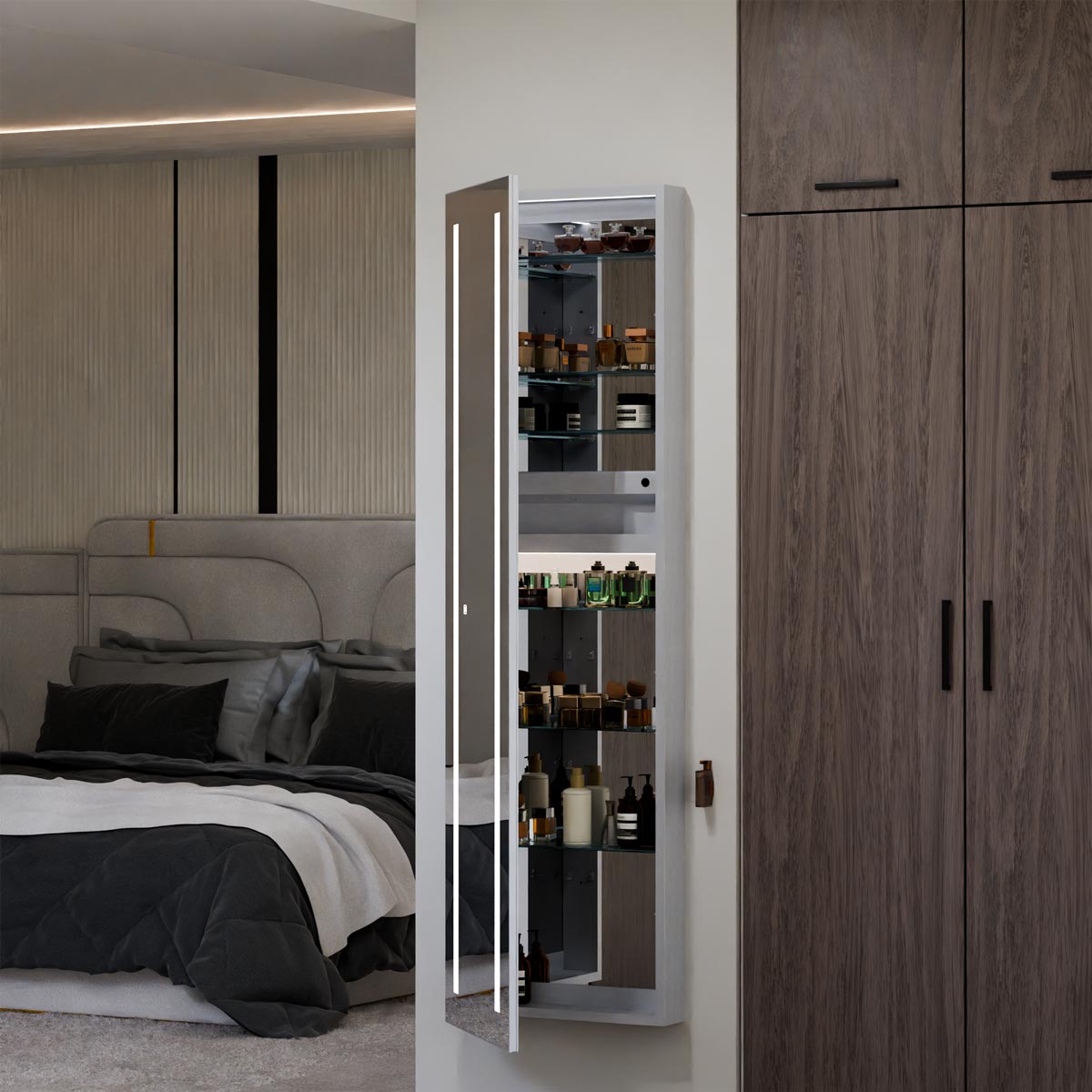 Ascension LED Wardrobe Mirror in bedroom.
