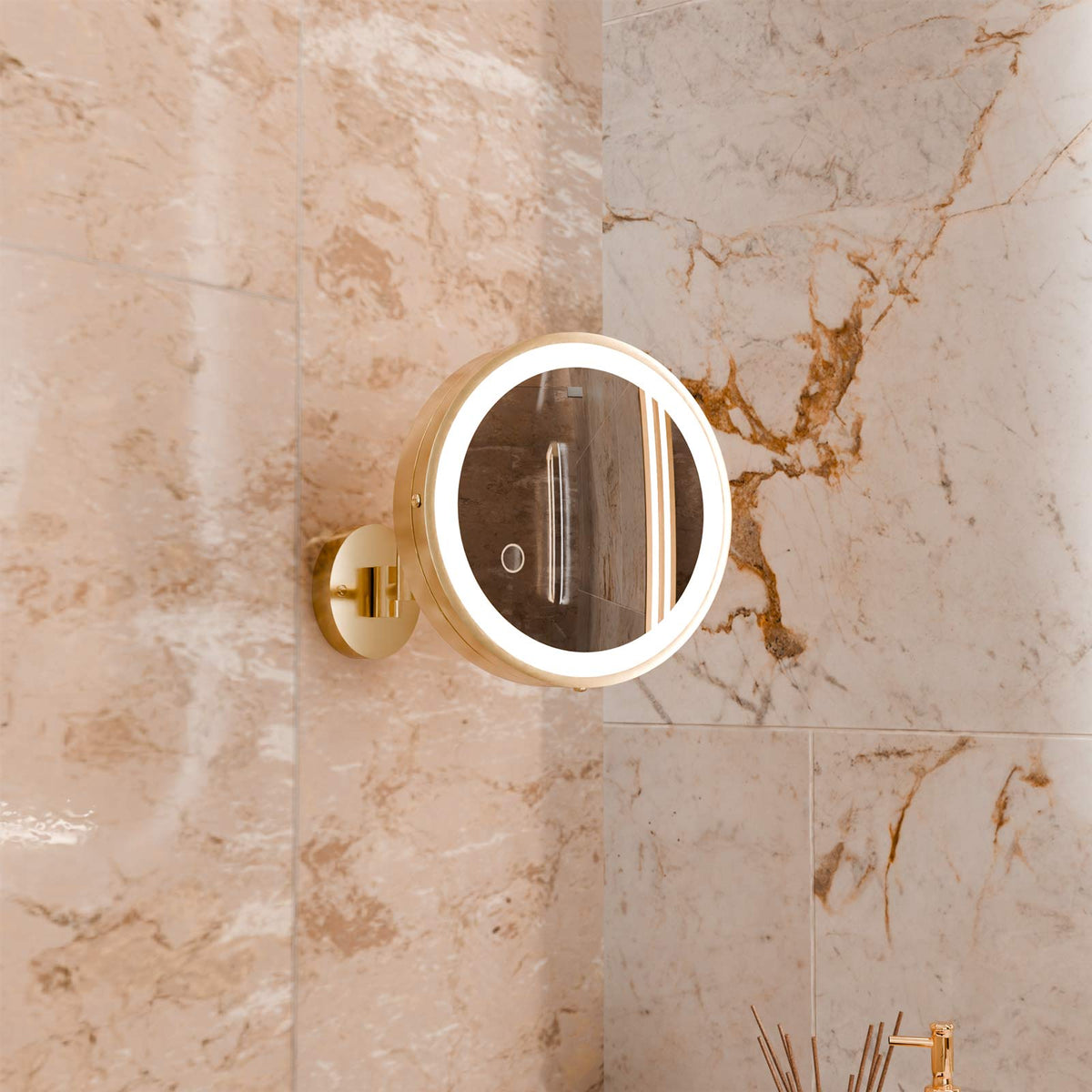 Blush LED Makeup Mirror in bathroom.