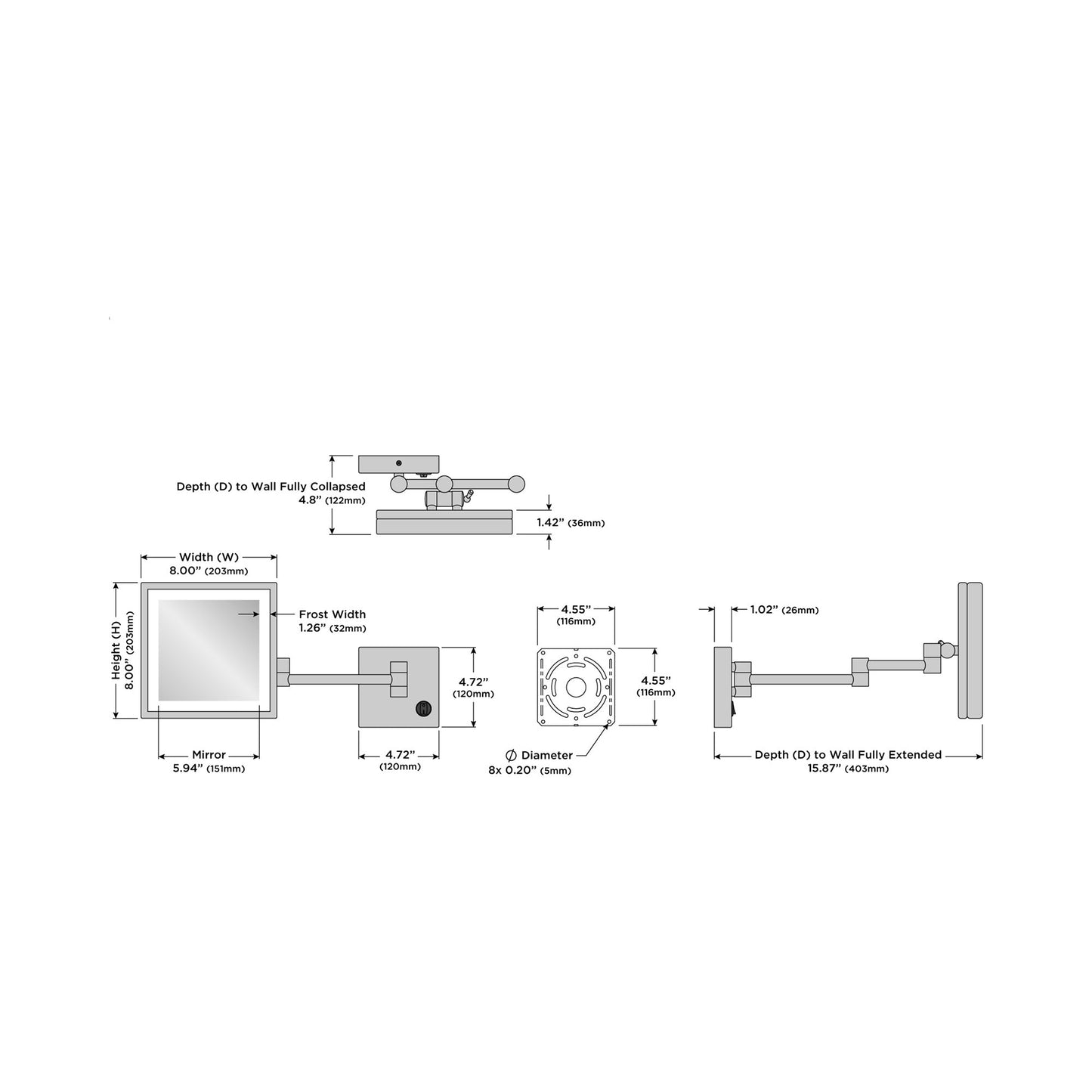 Elixir LED Makeup Mirror - line drawing.