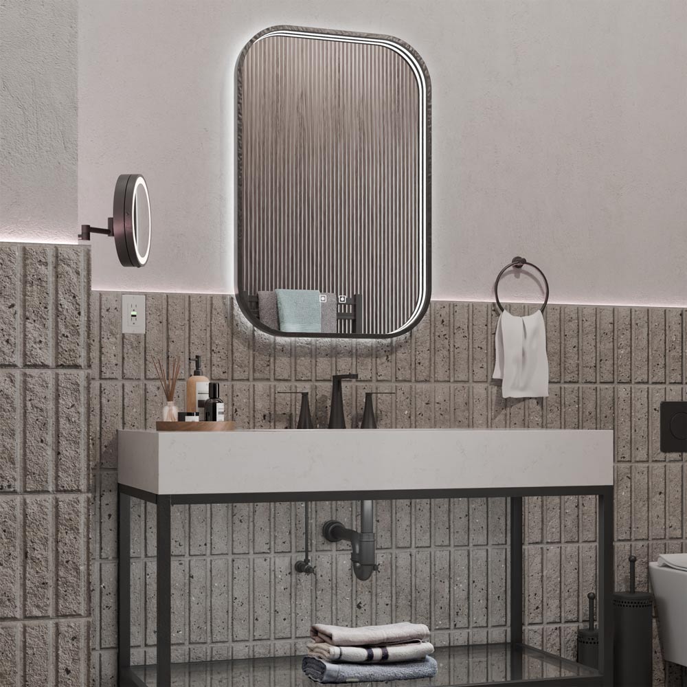 Eminence LED Lighted Mirror in bathroom.
