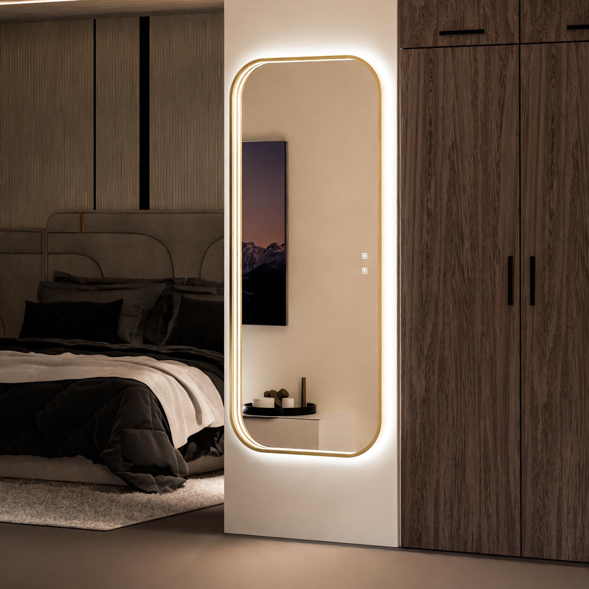 Eminence LED Lighted Mirror in bedroom.