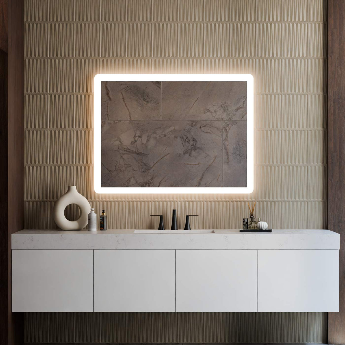 Eyla LED Lighted Mirror in bathroom.