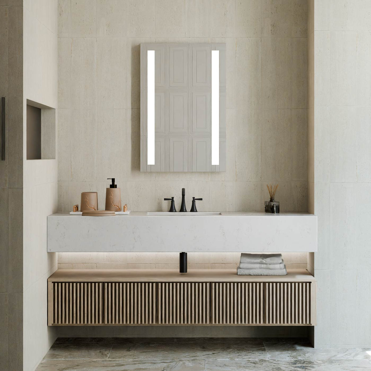 Fusion LED Lighted Mirror in bathroom.