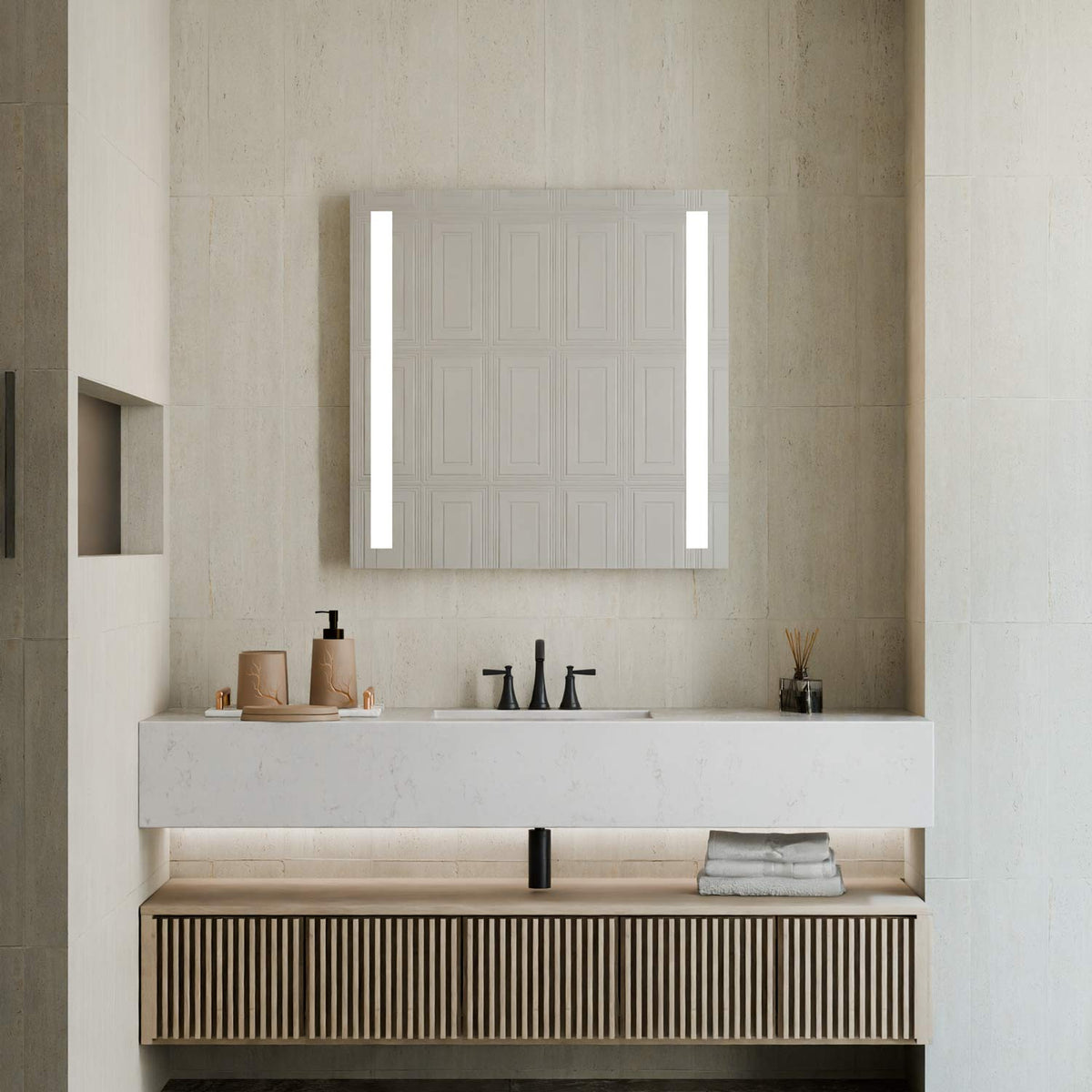 Fusion LED Lighted Mirror in bathroom.