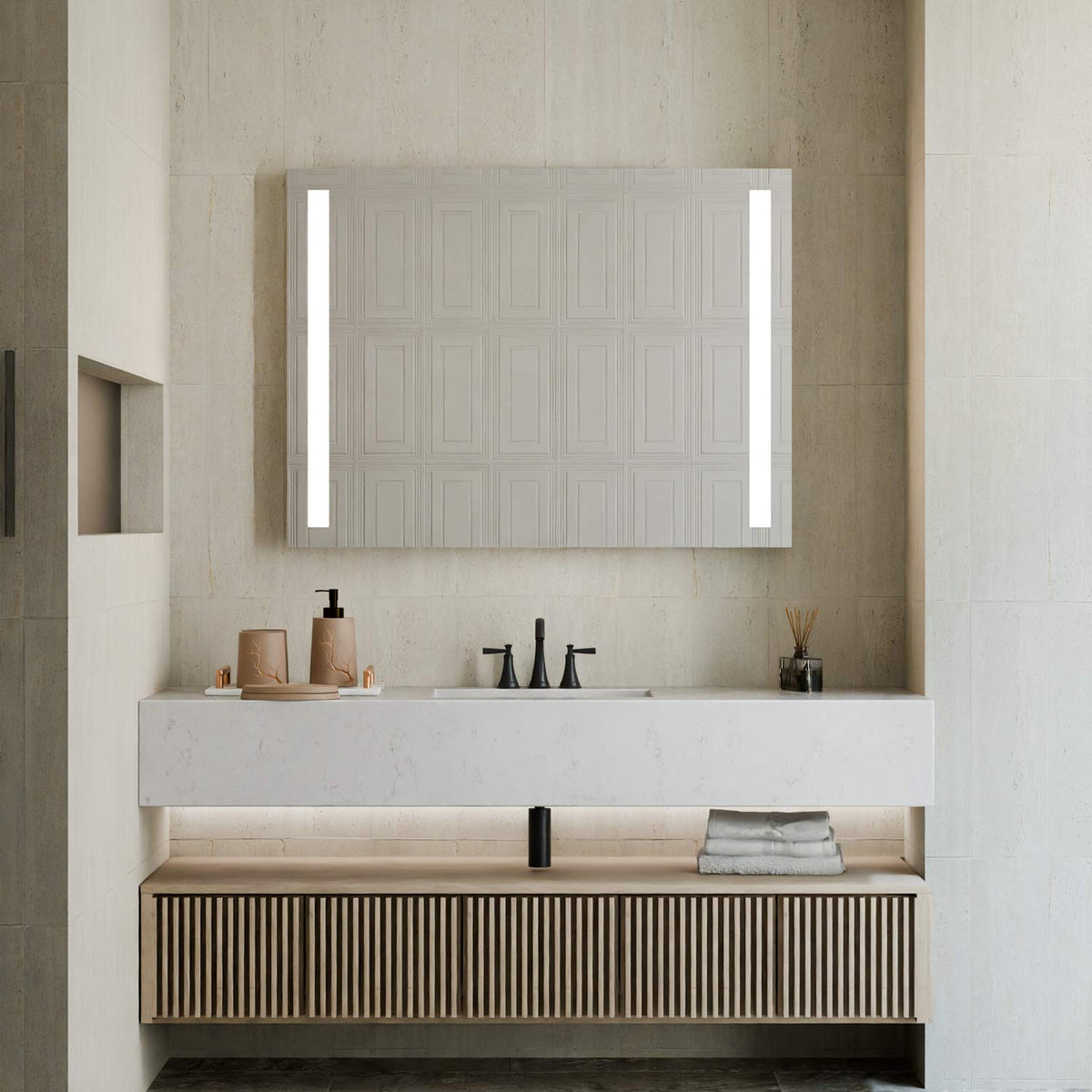 Fusion LED Lighted Mirror in bathroom.