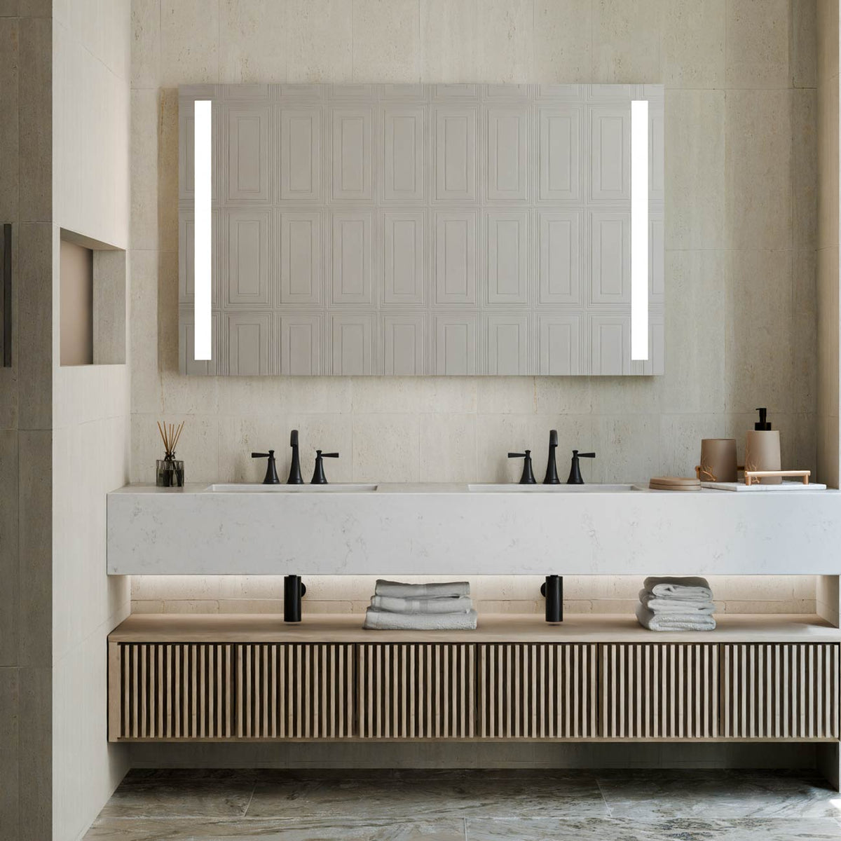 Fusion LED Lighted Mirror in bathroom.